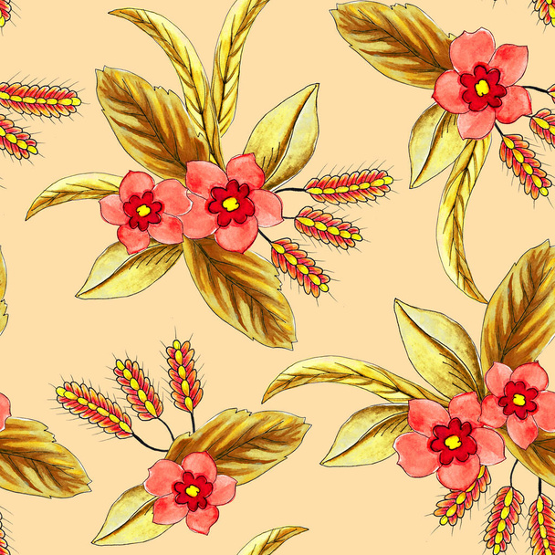 ručně syrové ilustrace květin a listů kytice v oranžových a žlutých barvách - Fotografie, Obrázek