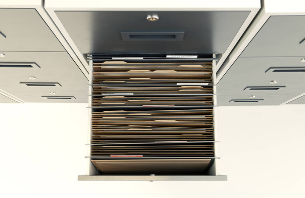 Una vista de primer plano de un cajón abierto del gabinete de archivos que revela documentos relacionados confidenciales en el interior - 3D render - Foto, Imagen