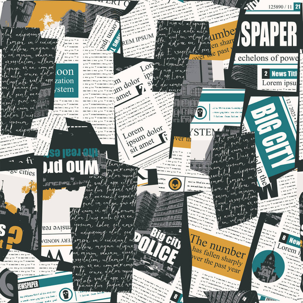Seamless pattern with collage of newspaper or magazine clippings. Retro style vector background with titles, illustrations and imitation text. Suitable for wallpaper design, wrapping paper, fabric - Vetor, Imagem