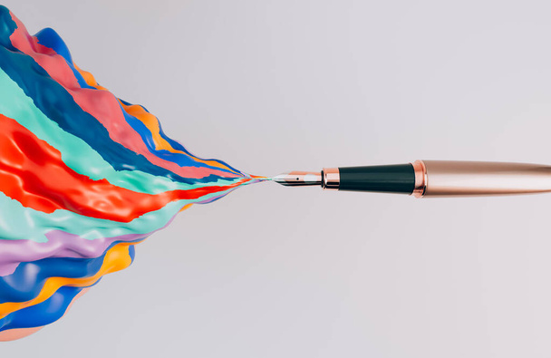 Un concept montrant un stylo plume en or rose projetant un panache tourbillonnant d'encre rayée colorée épaisse sur un fond de lumière isolé - rendu 3D - Photo, image