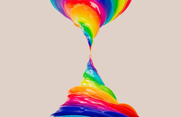 Un concepto que muestra dos vórtices torbellinos conectados hechos de colores brillantes brillantes del arco iris sobre un fondo aislado - 3D render - Foto, imagen