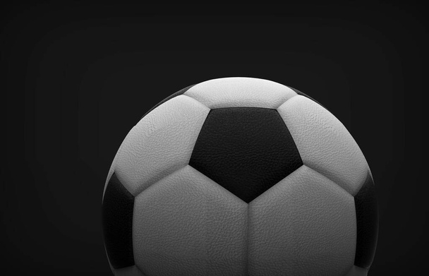rendu 3D de l'avant d'un ballon de football en cuir, avec hexagones et pentagones en noir et blanc, dans un espace avec un fond noir. - Photo, image