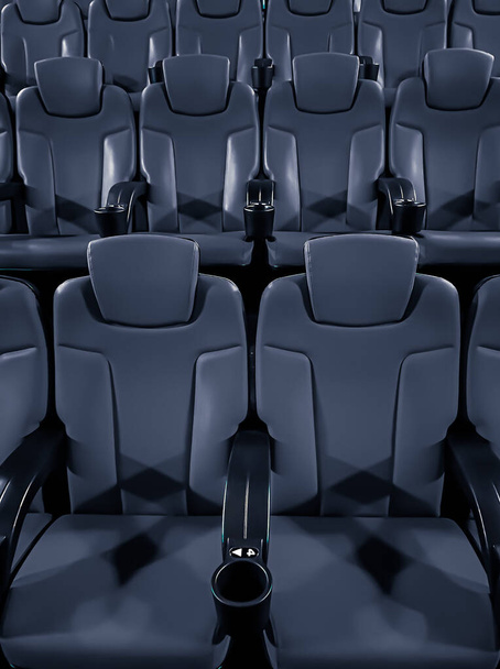 Cinema and entertainment, empty dark movie theatre seats for tv show streaming service and film industry production branding - Photo, Image