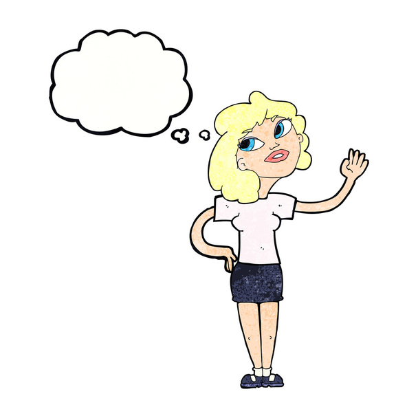 kreslené hezká dívka naklápění hlavy s myšlenkovou bublinou - Vektor, obrázek