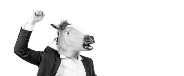 Επιχειρηματίας με μάσκα κεφαλής αλόγου με υψωμένη χειρονομία δύναμης γροθιά απομονώνονται σε λευκό χώρο αντίγραφο, άλογο εργασίας. - Φωτογραφία, εικόνα