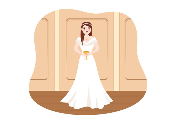 Wedding Ceremony in the Cathedral Catholic Church Building with the Happy Couple in Flat Cartoon Hand Drawn Template Illustration - Vector, Image