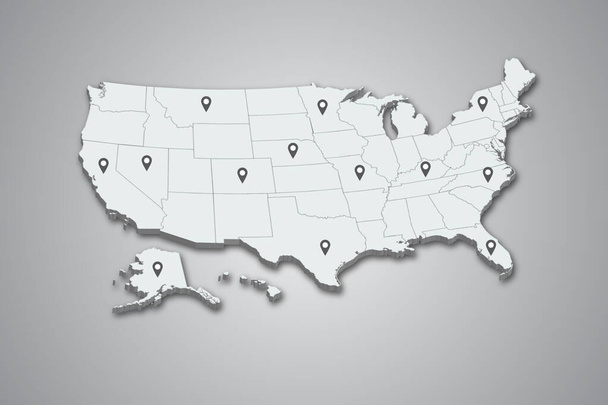 Mapa de Estados Unidos 3D con ilustración de pines de mapa en un diseño de fondo aislado - Vector, Imagen