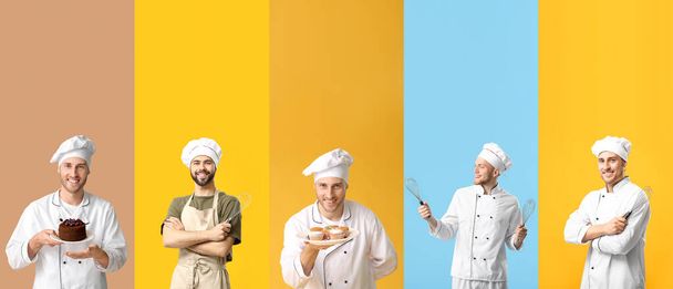 Collage of young male confectioners on color background - Photo, Image