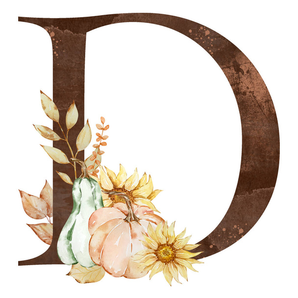 Watercolor alphabet, letter D with pumpkins and sunflowers for thanksgiving day design - Valokuva, kuva
