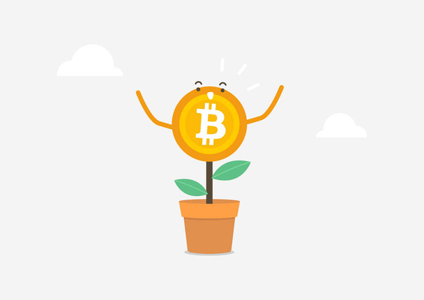 Happy Bitcoin φυτό σε πήλινο δοχείο. Αύξηση των επενδύσεων, αμοιβαία κεφάλαια ή ευκαιρία για κέρδος και αύξηση του πλούτου. Έννοια κινουμένων σχεδίων κρυπτονομισμάτων. - Διάνυσμα, εικόνα