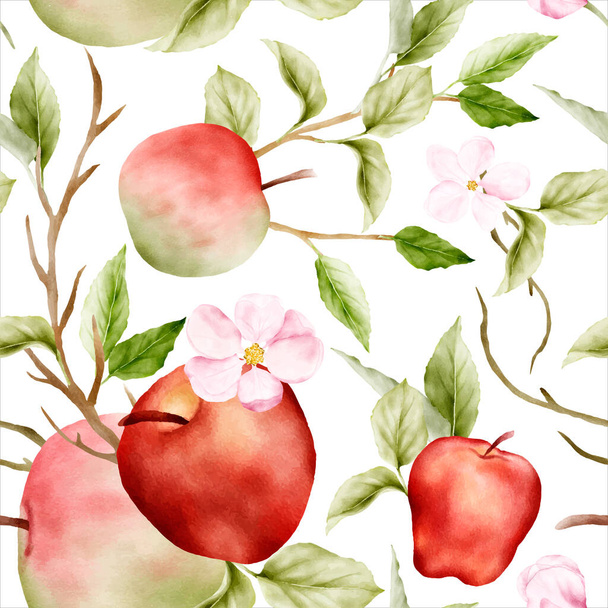 beautiful watercolor botanical apple and pink floral seamless pattern - Vecteur, image