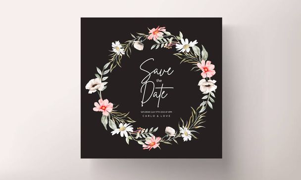όμορφη ακουαρέλα γαμήλια πρόσκληση κάρτα με κομψό λουλούδι και μικροσκοπικό φύλλωμα - Διάνυσμα, εικόνα