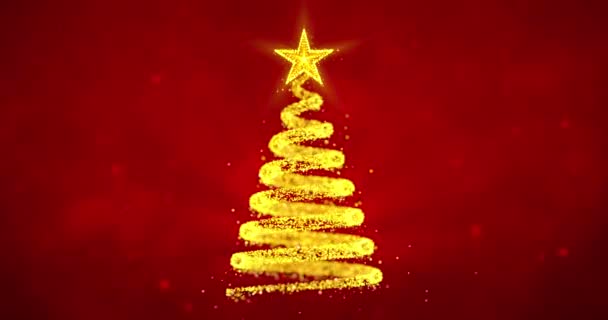 Kırmızı zemin üzerinde dönen sarı ışık sarmalı parçacıklardan Noel ağacı gibi döner. Soyut Xmas ağacı animasyonu. Kış tatili 4k video geçmişi. - Video, Çekim