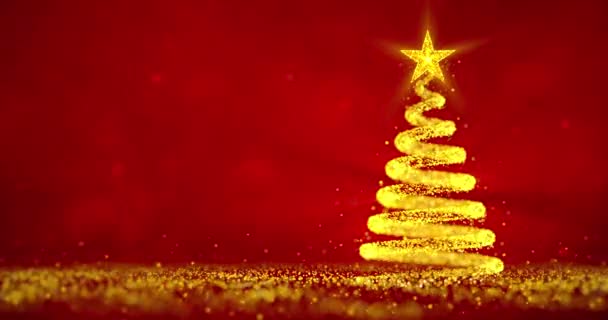 Árbol de Navidad en el lado derecho hecho de partículas doradas voladoras y suelo brillante sobre fondo rojo. Resumen árbol de Navidad 4K video como fondo loopable. - Metraje, vídeo
