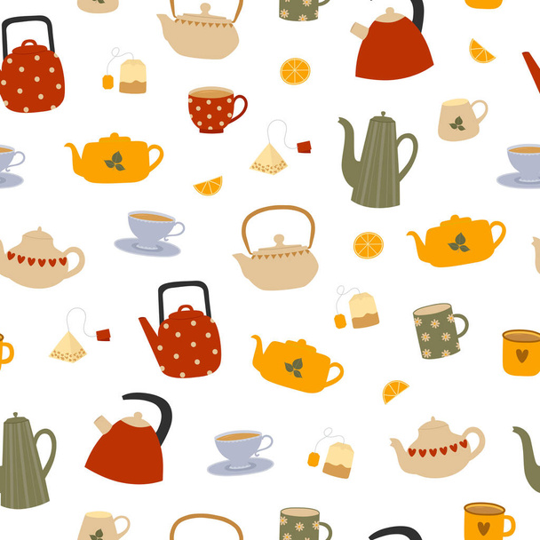Seamless pattern of colorful teapots and cups on white background. Kitchen utensil background. Vector illustration - Vector, Image