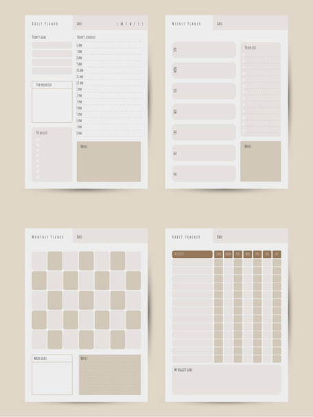 Minimalist printable personal planner page templates. Daily, weekly, monthly pages plan format A4. Habit tracker. Vector set of sheet journal for daily routine. Vector illustration - Vektor, obrázek