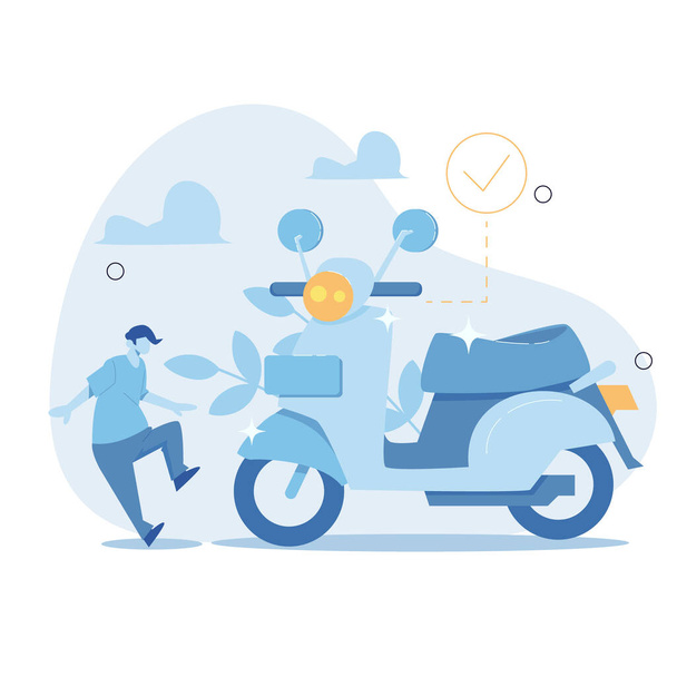 People who buy new motorcycles. First impression of seeing the new motorbike. Vector illustration - Vector, Image