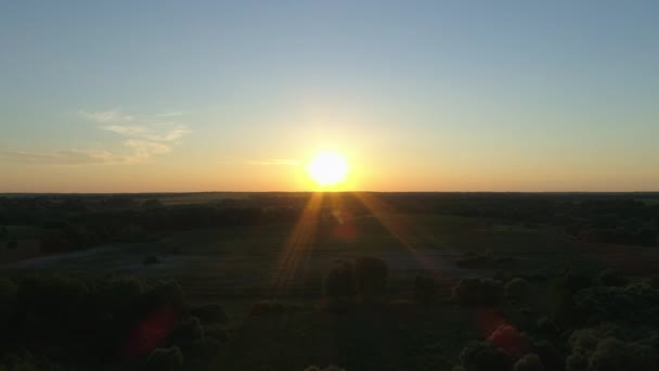 飛行場の景色の夕日や日の出。森の中で美しい夏の夜や朝の太陽を撮影ドローンワイド - 映像、動画