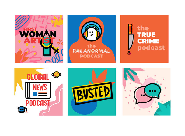 Buntes Doodle-Coverartset für Podcasts, Cartoon-Hintergrund, gebasteltes Konzept, aktuelle Nachrichten und echtes Krimidesign. - Vektor, Bild