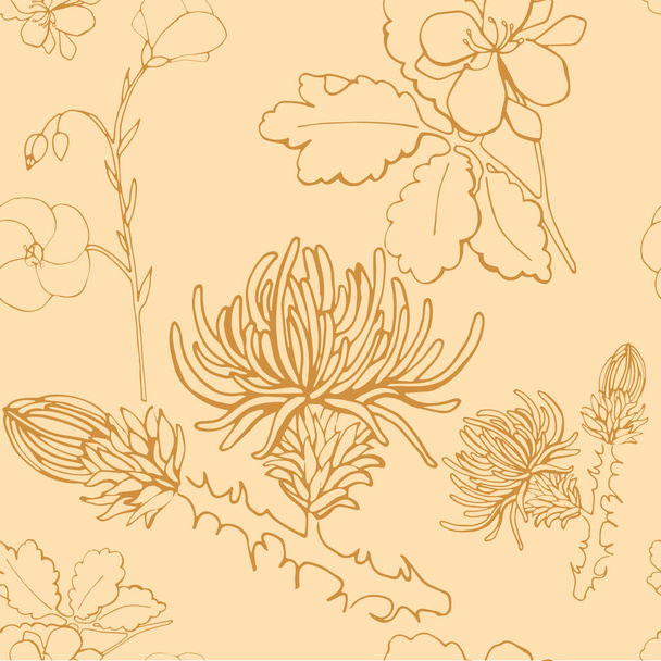 Hand drawn herbal and vintage pattern with flax, calendula and thistle - Vector, Image