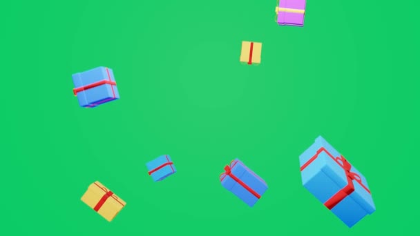 3D animated christmas gift boxes slowly falling down, 4k green screen animation - Footage, Video
