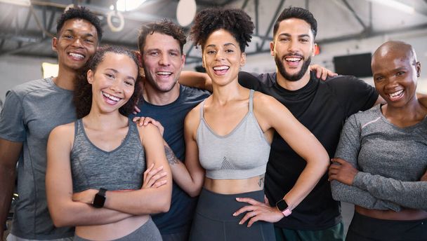 Fitness, health and gym portrait of friends together for wellness, workout and exercise lifestyle. Commitment, happy and interracial friendship with healthy cardio people excited in gymnasium - Photo, Image