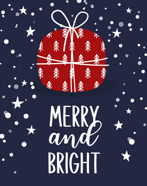 Tarjeta Merry and Bright con caja de regalo dibujada a mano. Ilustración de vectores navideños para tarjetas de felicitación, invitaciones, pancartas, volantes, etc. - Vector, Imagen