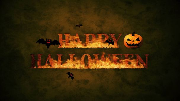 Happy Halloween, polttava logo kurpitsoilla ja lepakoilla värillisellä taustalla - Valokuva, kuva
