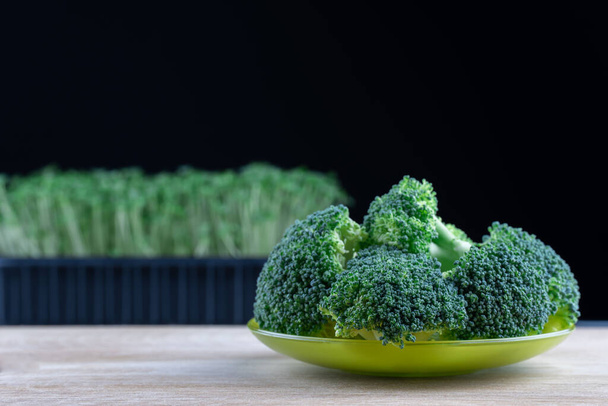 Still life organic ripe broccoli fresh vegetable on green plate on wooden background. Micro greens plant cabbage brassica oleracea germination on black background. Healthy nutrition and organic food. - Foto, Imagem