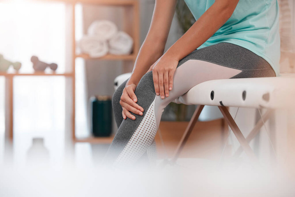 Woman, physiotherapy and knee pain, injury and healthcare service, chiropractor and rehabilitation help. Closeup athlete consulting physiotherapist for legs, joint pain and muscle inflammation advice. - Fotó, kép