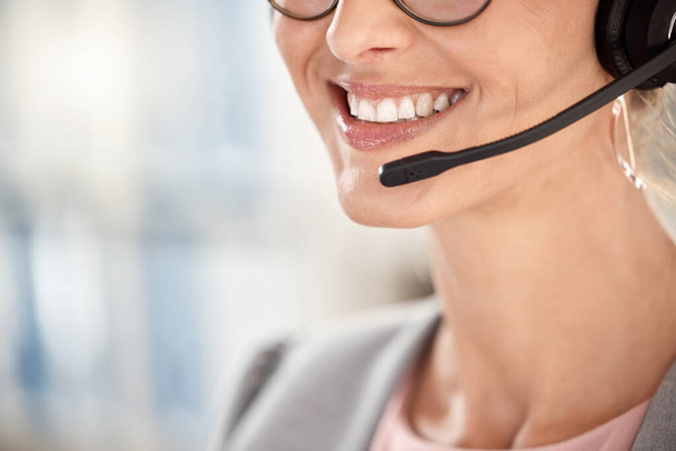 Woman, smile closeup and call center microphone of customer support employee in office. Telemarketing, call center consultant and crm contact us or sales company insurance phone call on headphones. - Photo, Image