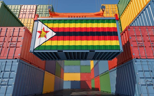 Cargo Container with Zimbabwe national flag design. 3D Rendering - Fotoğraf, Görsel