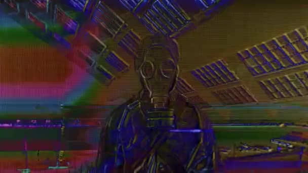 Un uomo in giacca e cravatta durante un attacco chimico di gas che si guarda intorno con glitch sovrapposto e distorsione - Filmati, video