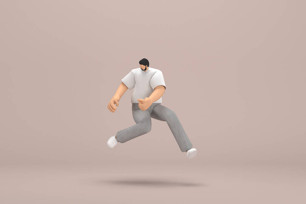 El hombre con barba vistiendo pantalones de pana gris y camiseta de cuello blanco. Está saltando. 3d representación del personaje de dibujos animados en la actuación. - Foto, imagen