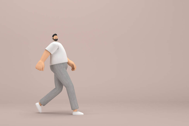 Gri kadife pantolon ve beyaz yakalı tişört giyen sakallı adam. Yürüyor. Oyunculuktaki çizgi film karakterinin 3d canlandırması. - Fotoğraf, Görsel