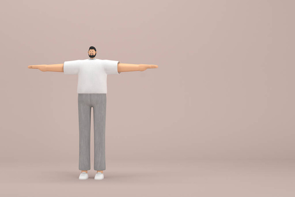 Мужчина с бородой в серых вельветовых штанах и футболке с белыми воротничками. Он стоит с распростертыми руками. 3D визуализация персонажа мультфильма в актерской игре. - Фото, изображение