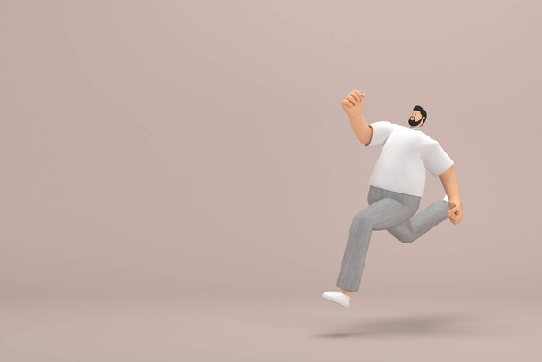 A szakállas férfi szürke kordbársony nadrágot és fehérgalléros pólót visel. Elmenekül. 3D-s renderelés rajzfilm karakter színészi. - Fotó, kép