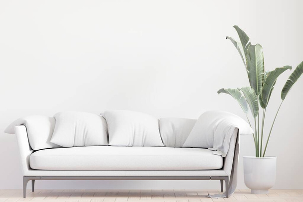 großes weißes Wohnzimmer. Innenarchitektur, weißes Sofa Wand für Attrappe und Kopierraum -3D-Rendering - Foto, Bild