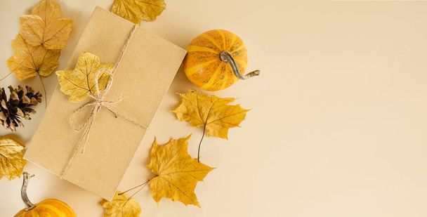 Composición de otoño. Caja de regalo con hojas de otoño sobre un fondo claro. Otoño, Halloween, concepto de acción de gracias. Banner. Copiar espacio. - Foto, Imagen