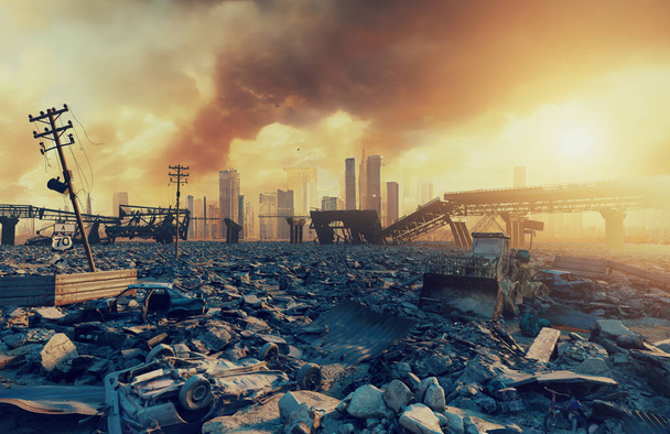 Ruiny miasta. Landscape.3d Apokaliptyczne ilustracja koncepcja - Zdjęcie, obraz