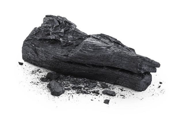 Natural wooden charcoal isolated on white background with full depth of field. - Foto, afbeelding