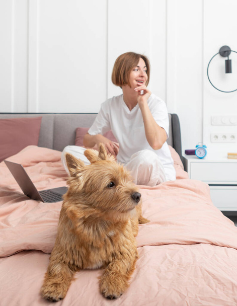 Közelkép portré aranyos kisállat kutya ül az ágyon, és a nő hazudik és mosolyog a háttérben a hálószobában - Fotó, kép