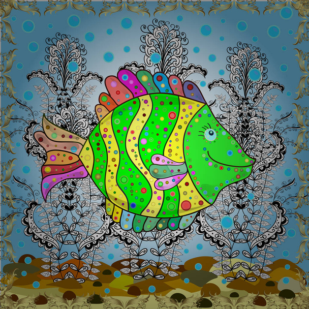 Ручной. Рыбы на желтом, нейтральном и синем. Бесшовный рисунок рыбы. Векторная иллюстрация. - Вектор,изображение