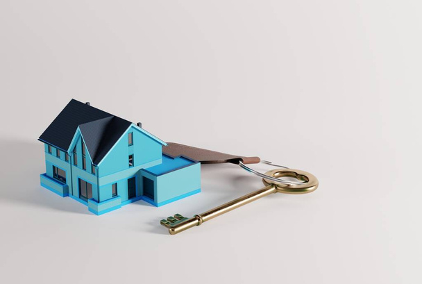 Home key on the background of the house and light background. The concept of buying an apartment, getting your first apartment. 3D render, 3D illustration. - Photo, Image