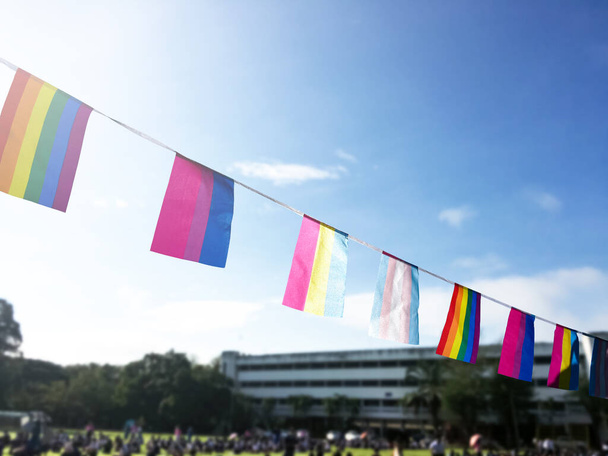 Lgbtq + vlajky byly zavěšeny na drátě proti modrému v slunečný den, měkké a selektivní zaměření, koncepce pro LGBTQ + genderové oslavy v měsíci hrdosti po celém světě. - Fotografie, Obrázek