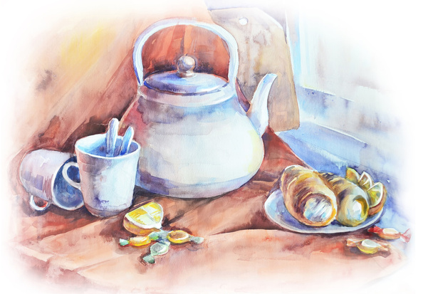 Watercolor still life with kettle, cups, lemon and sweets - Фото, зображення