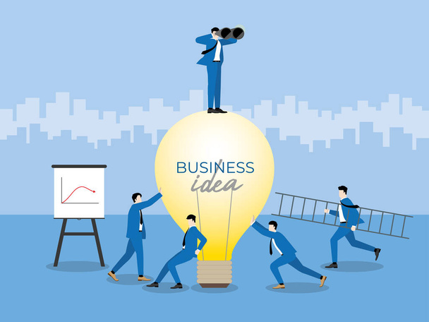 Businessman use binoculars stand on the big bulb. Look for business idea with busy teamwork. Personnel collaborate work hard to support business solution. Problem solve, lose profit and loss statement - Vector, Image