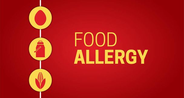 Allergia agli alimenti rossi Illustrazione di fondo con uova, latte e icone di mais  - Vettoriali, immagini