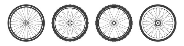Siyah bisiklet tekeri sembolleri koleksiyonu. Bisiklet lastiği siluetleri. Spor bisikleti, yol ve dağ bisikleti. Vektör illüstrasyonu - Vektör, Görsel