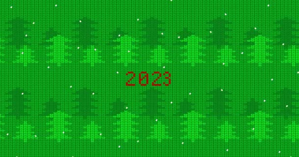 Zöld erdő hóval és 2023-as számmal, ronda pulóver. Karácsonyi és újévi ünnepek szezon animációs videó. Animáció a téli kötött pulóver minta. - Felvétel, videó